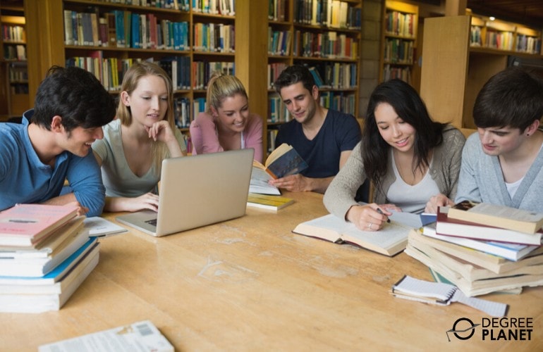 undergraduate degree students studying in the library