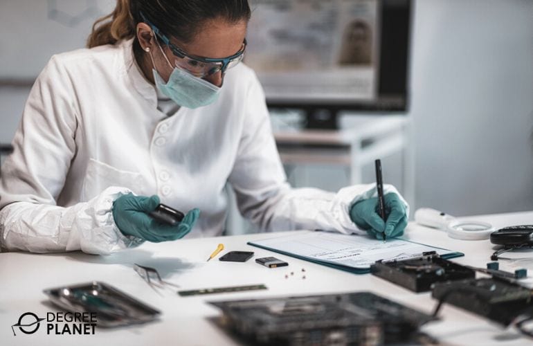 Forensic science technician examining evidences of a crime